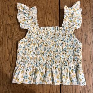 Yellow and Blue Floral Shirred Cropped Tank Top